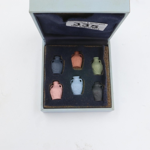 335 - Wedgwood set of six miniature Portland vases in multicolour jasper ware, each piece measuring 20mm i... 