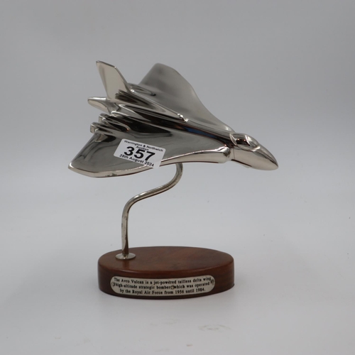 357 - Chrome Vulcan Bomber on wooden base, H: 22 cm. UK P&P Group 2 (£20+VAT for the first lot and £4+VAT ... 