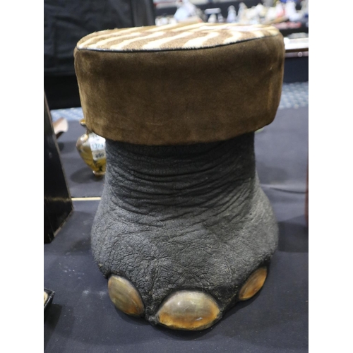 367 - Elephant foot fashioned as a stool with zebra skin seat, H: 41 cm. Not available for in-house P&P