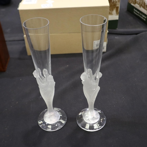 371A - Boxed pair of Erte Crystal champagne flutes, in the manner of Lalique, 30cm H. UK P&P Group 2 (£20+V... 