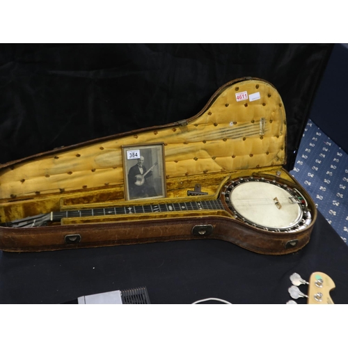 384 - Windsor patent banjo in original leather case, new. Not available for in-house P&P