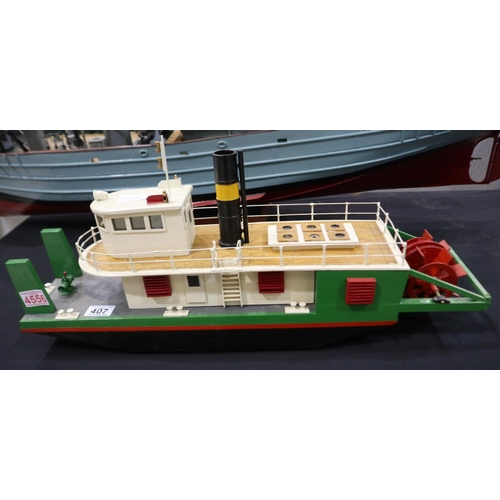 407 - Static scratch built model of twin paddle stern wheel ferry boat, good build and finish, L: 64 cm. N... 