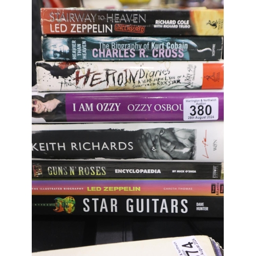 380 - A collection of music themed books with subjects including Guns and Roses, Keith Richards, Led Zeppe... 