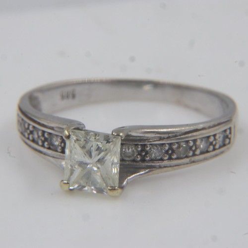 12 - 14ct white gold diamond set solitaire ring with diamond-set shoulders, 0.7cts, size M, 2.2g. UK P&P ... 