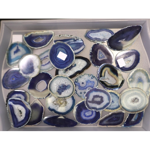 370A - Collection of polished blue agate slices, some examples having crystalline structure to the centre (... 