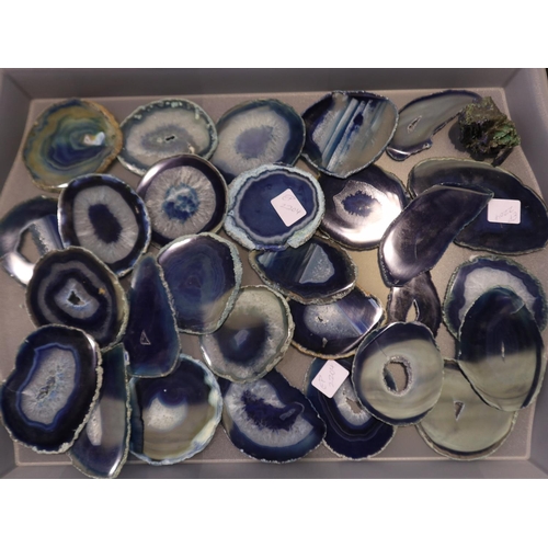 370B - Collection of polished blue agate slices, some examples having crystalline structure to the centre (... 