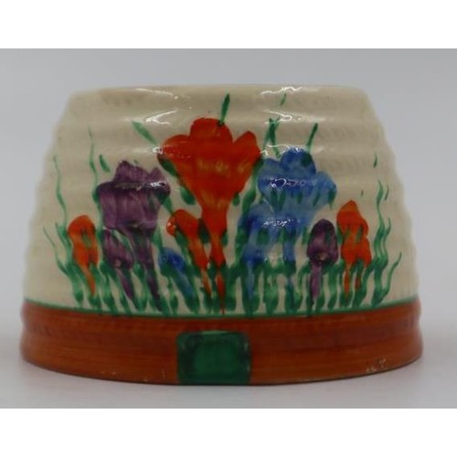 274 - Clarice Cliff Newport pottery honey pot base in the crocus pattern, poor restoration to bottom rim, ... 