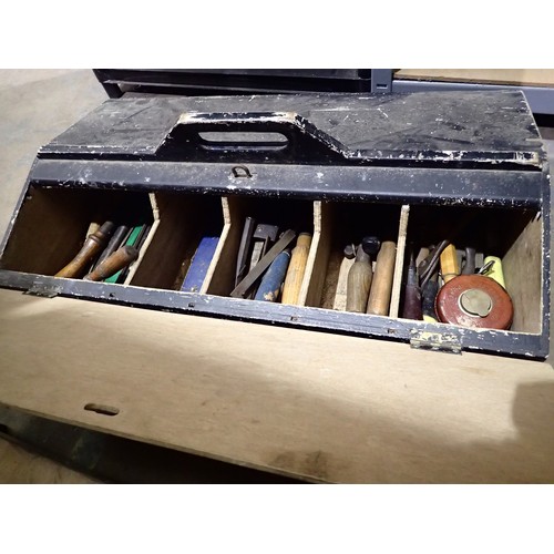 1825 - Tool box with tools including chisels. Not available for in-house P&P