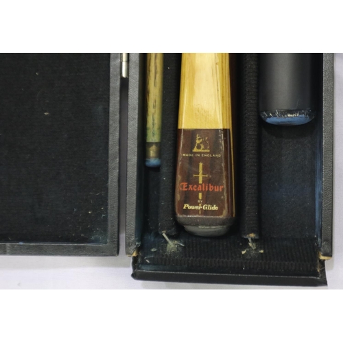 2022 - Cased Excalibur three piece snooker cue with chalks. UK P&P Group 3 (£30+VAT for the first lot and £... 