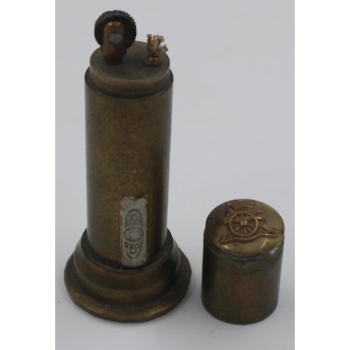 2063 - WWI Trench Art Table Lighter Made from an Artillery Shell Fuse. A British Royal Artillery button has... 