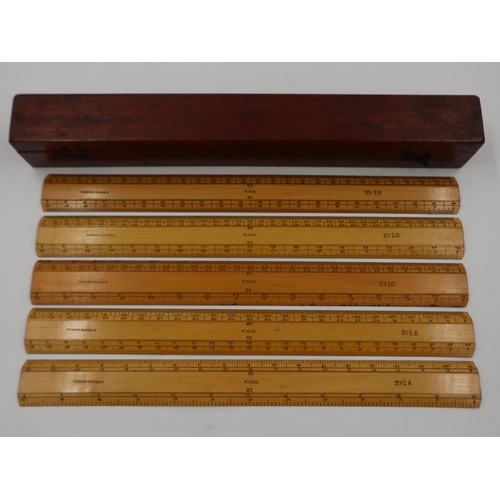 2085 - Set No1 Engine Divided rulers, No1 A-E, marked F McC and stamped with broad arrow in wooden case. UK... 