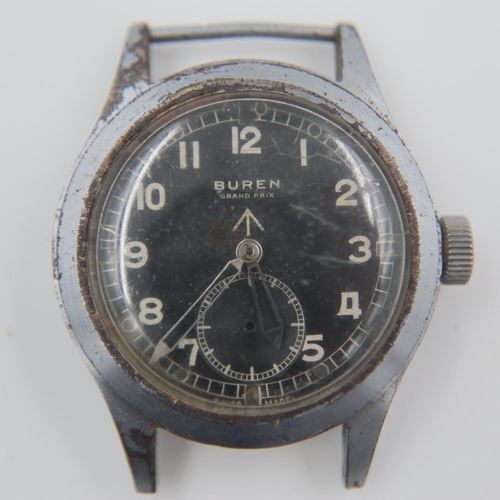 2049 - BUREN: Grand Prix 'Dirty Dozen' British military issue wristwatch head, black dial with subsidiary s... 