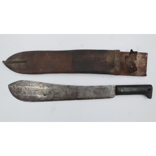 2133A - Legitimus Collins & Co no 1250 machete dated 1944, with leather scabbard also dated 1944, damage to ... 