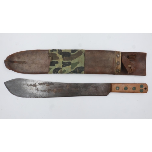 2137A - Martindale no 227 machete, with leather scabbard dated 1945, later dated 52 with broad arrow, damage... 