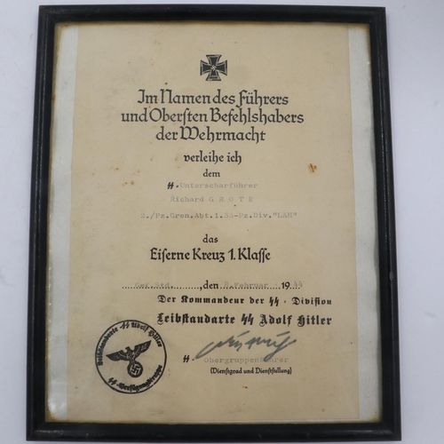 2207 - WWII German Framed Iron Cross 1st Class Certificate to an LAH SS Junior Squad Leader. Was purchased ... 