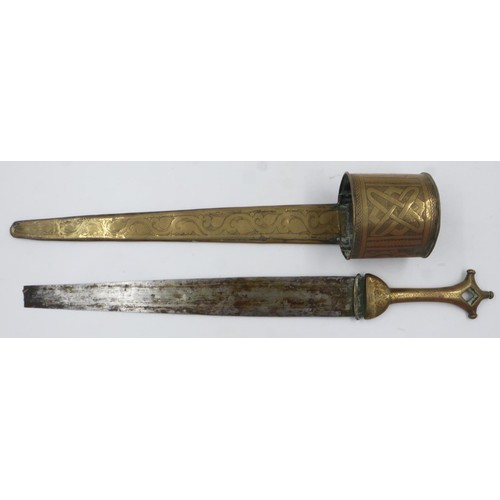 2123 - Arabic Tuareg region telek, in brass with steel blade, decorated throughout, blade damaged. UK P&P G... 