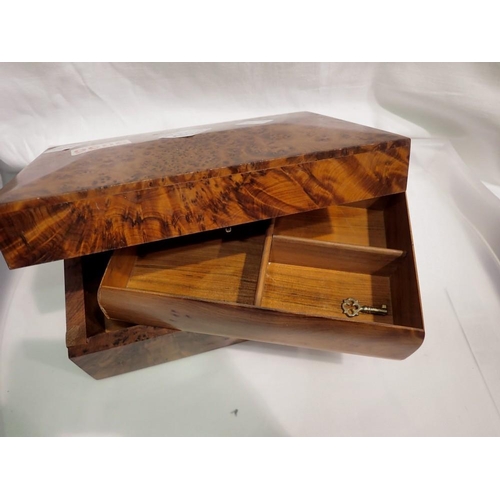 1113 - Burr walnut jewellery box with key. UK P&P Group 1 (£16+VAT for the first lot and £2+VAT for subsequ... 