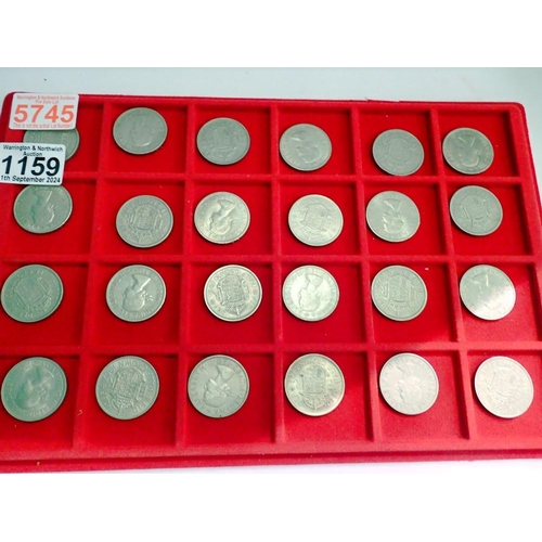 1159 - 24 pre decimal half crowns in tray. UK P&P Group 1 (£16+VAT for the first lot and £2+VAT for subsequ... 