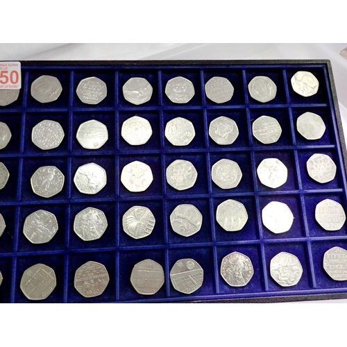 1164 - Forty collectable 50p coins in tray. UK P&P Group 1 (£16+VAT for the first lot and £2+VAT for subseq... 