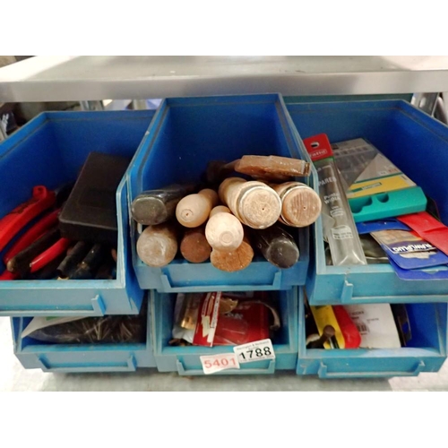 1788 - Six blue stacking boxes of tools and mixed hardware. Not available for in-house P&P