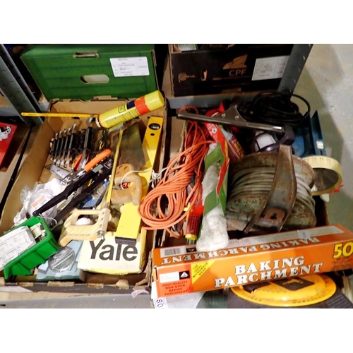 1805 - Two boxes of mixed tools and hardware to include extension leads. Not available for in-house P&P