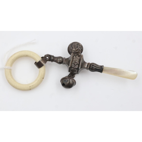 33 - Silver child's rattle with bone and mother of pearl teething ring, L: 12 cm. UK P&P Group 1 (£16+VAT... 