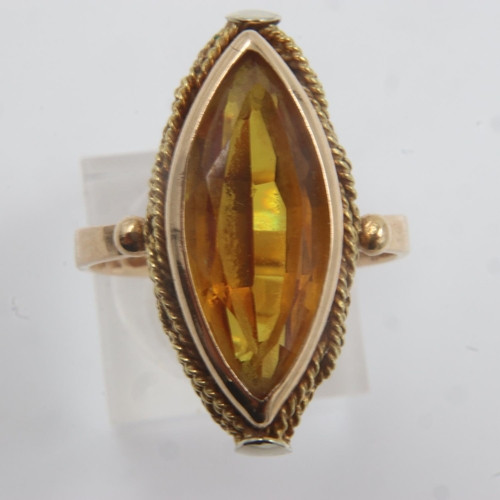 4 - Continental gold ring set with a marquise cut large orange sapphire, stone L: 22 mm, size P, 6.7g. U... 