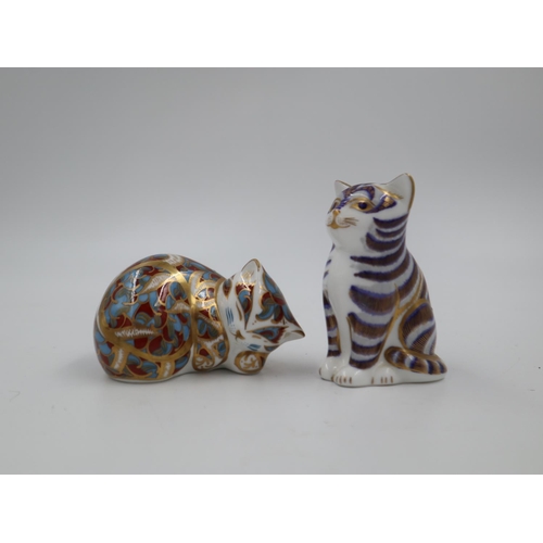 180 - Royal Crown Derby seated cat paperweight and a lying cat paperweight, both with gold stoppers, large... 