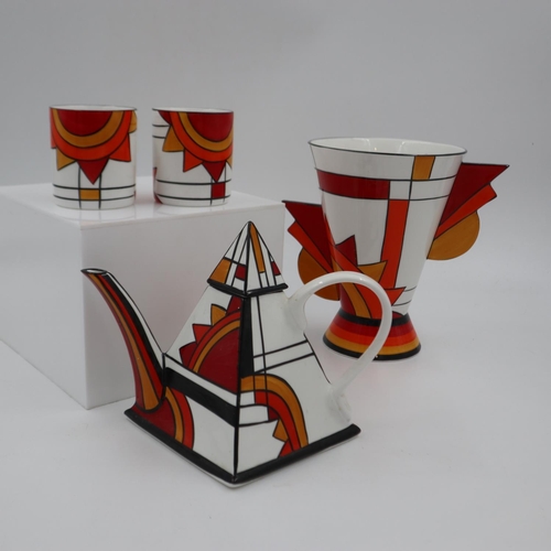 191 - Brian Wood Ceramics Art Deco style vase, teapot and two beakers in the Jazz pattern, largest H: 20 c... 