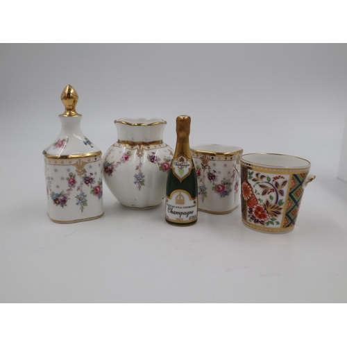 199 - Royal Crown Derby Derby Posies perfume bottle, two small vases, a champagne bottle and an ice bucket... 