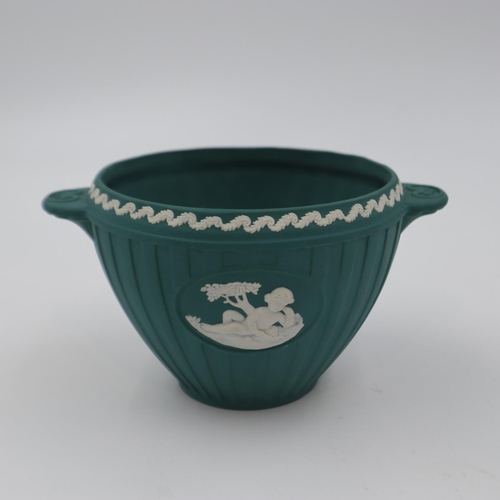 214 - Wedgwood twin handled small Jasperware planter in teal, H: 8.5cm. UK P&P Group 1 (£16+VAT for the fi... 