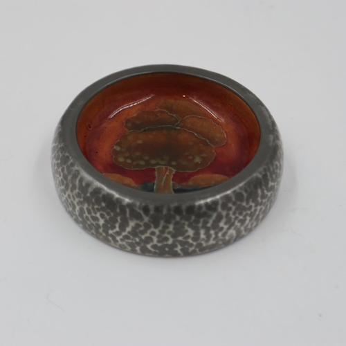 230 - William Moorcroft ashtray in the Eventide pattern with a Hutton of Sheffield surround, D: 11 cm, no ... 