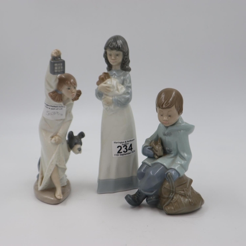 234 - Three Nao figures, including girl with puppy, boy with rabbit and a girl with a dog and lantern, lar... 