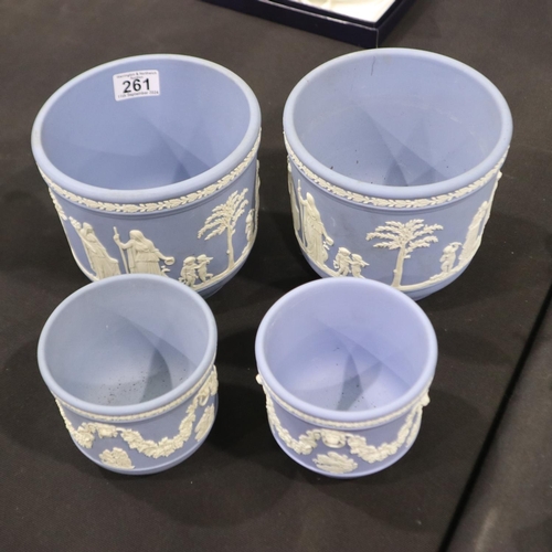 261 - Two pairs of Wedgwood powder blue Jasperware planters, Largest H: 16cm. Not available for in-house P... 