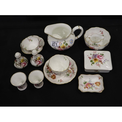 271 - Thirteen pieces of Royal Crown Derby, Derby Posies pattern items: jugs, cup and saucer, lidded trink... 