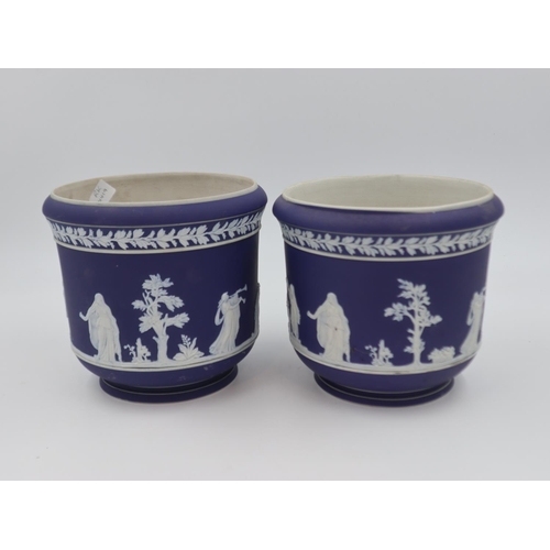 276 - Pair of Adams blue dip Jasperware planters, H: 17.5cm. Not available for in-house P&P