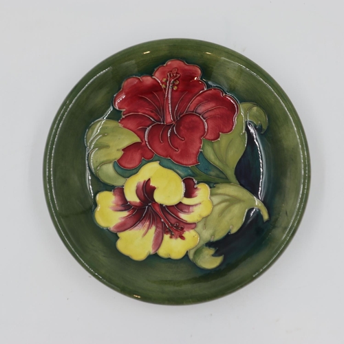 280 - Moorcroft charger in the Hibiscus pattern on a green ground, original paper label to base, D: 22 cm.... 