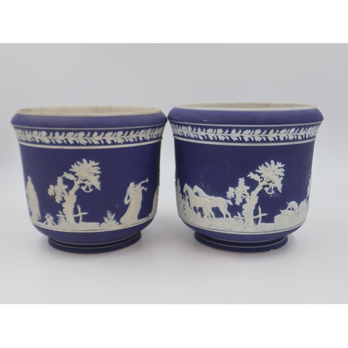 282 - Pair of Adams blue dip Jasperware planters, H: 20cm. Not available for in-house P&P