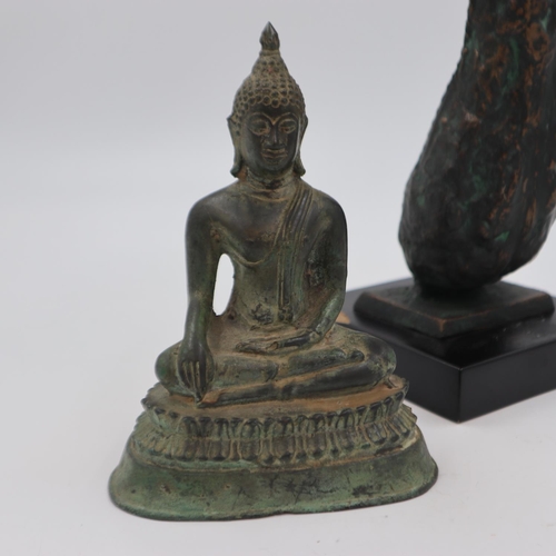 300 - 19th century South East Asian bronze Buddha, H: 17 cm, together with a large bronze sculpture base o... 