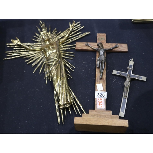 326 - Three crucifixes, including a large brass example, H: 46cm. Not available for in-house P&P