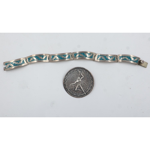 71 - Mexican 925 silver panel bracelet with turquoise enamel, and a circular Mexican silver brooch. UK P&... 