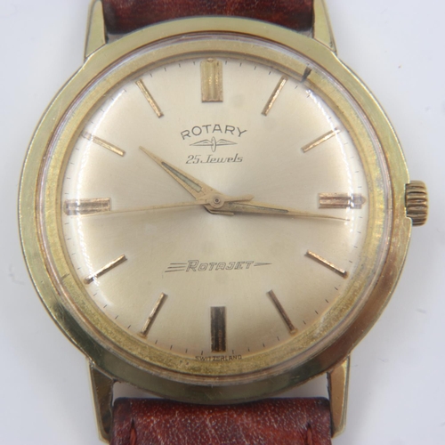 81 - ROTARY: Rotajet gents gold plated manual wind wristwatch, with baton chapters and brown leather stra... 