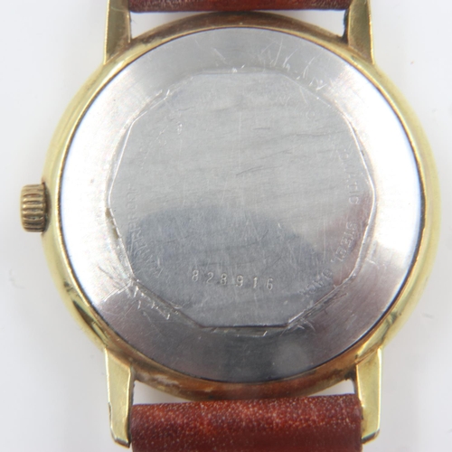 81 - ROTARY: Rotajet gents gold plated manual wind wristwatch, with baton chapters and brown leather stra... 