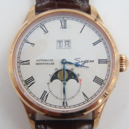 82 - SUGESS: gents moon phase automatic wristwatch, with black leather strap and glass exhibition backpla... 