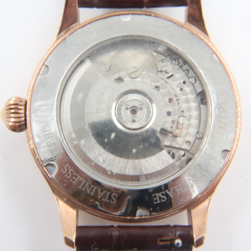 82 - SUGESS: gents moon phase automatic wristwatch, with black leather strap and glass exhibition backpla... 