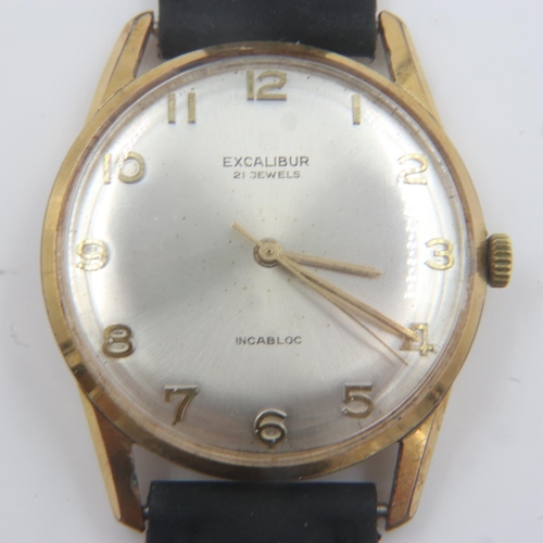 86 - Excalibur 21 jewel gold plated gents wristwatch on a new leather strap, working at lotting up. UK P&... 