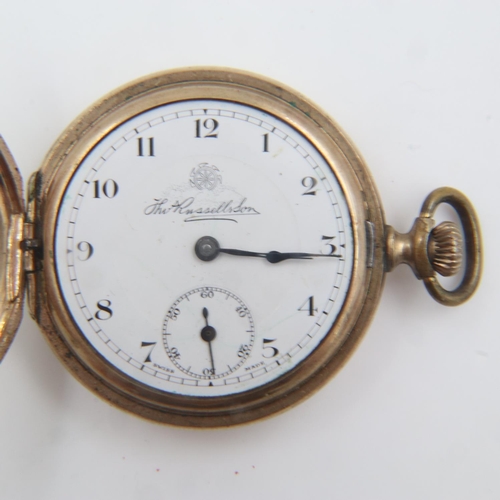 92 - THOMAS RUSSELL & SON: gold plated full hunter crown-winding pocket watch, working at lotting, lens l... 