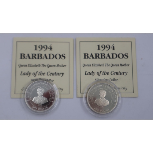 117 - Two 1994 Barbados silver dollars and a Guernsey silver pound. UK P&P Group 1 (£16+VAT for the first ... 