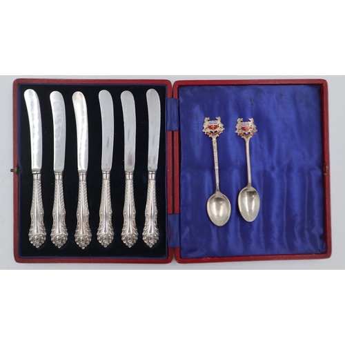 135 - Cased set of six sterling silver handled butter knives and two enamelled silver collectors spoons be... 