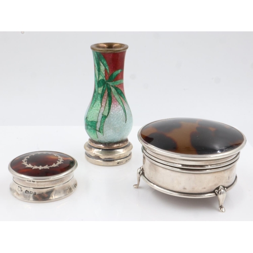 137 - Two sterling silver trinket boxes with tortoise shell inlaid covers, and a silver and cloisonne enam... 